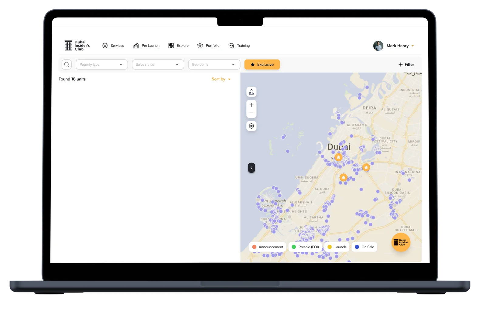 The Club platform on a laptop, showing projects and a map
